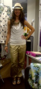 This is my J-Lo look, complete with a Fedora and shiny metallic Harem pants (not quite as full as M.C. Hammer) LOL.